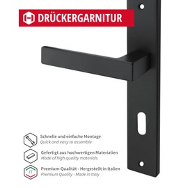 Gedotec Handle Set Black Matt [BB - Deadlock] 1 x Door Fittings Long Plate I Door Handles Interior Doors DIN Standard 72 mm I Door Handle for Door Thickness 35 – 47 mm Door Fitting with Mounting