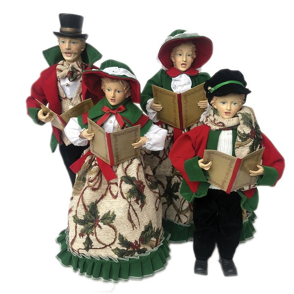 Set of 4 Beige and Green Victorian Holly Carolers Christmas