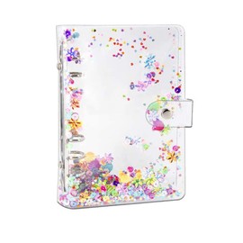 A6 Binder Cover, Clear Soft PVC 6 Hole Ring Binder Refillable Paper Binder with Glitter Sequins Waterproof Loose Leaf Notebook Folder Binder Cover for School Home Office