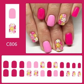 24Pcs Short Square Press on Nails Pink Red with Floral Design - Acrylic Fake Nails Full Cover Reusable Stick on Nails Artificial False Nails Glossy Spring Nails for Women‌ Girls Manicure Tips