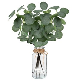 Bessol Artificial Eucalyptus Stems in Glass Vase 14" 6Pcs Faux Eucalyptus Branches Home Table Decor Fake Greenery Plants Stems for Farmhouse Wedding Centerpiece Bathroom Decorations
