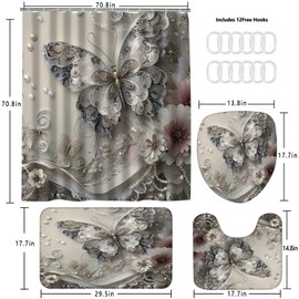 DDQQ 4Pcs Shower Curtain Sets, Gray Butterfly Bathroom Curtains Shower Set, Bathroom Decor Sets, Shower Curtain for Bathroom with Rugs, Toilet Lid Cover, Bath Mat and 12 Hooks, 71 x 71 Inches