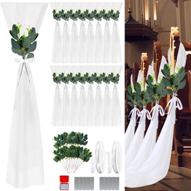 24 Pack White Chair Sashes for Wedding Chair Decorations, 8ft Long Pew Decorations for Weddings Aisle Decor Sashes for Chair Covers for Party Church Chiffon Chair Ribbons Isle Decor (White)