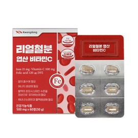 Guangdong Life Health Real iron, folic acid, vitamin C, 500mg x 60 tablets, triple functionality / 리얼 철분 엽산 비타민C 500mg x 60정 3중 복합기능성