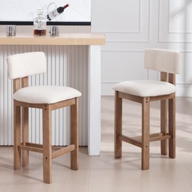 BESTANO 26” Counter Stools Set of 2 Counter Height Bar Stools with Back and Solid Wood Legs Modern Farmhouse Linen Upholstered Kitchen Bar Stools Countertop Bar Chairs, Beige