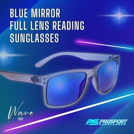 proSPORT Sunglass Readers +2.00 Gray Frame Full Lens Blue Mirror Dark Tint Golf Driving Horn Rim for Men Women
