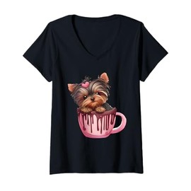 Womens Sweet Yorkie Delight Yorkshire Terrier in Chocolate Cup Art V-Neck T-Shirt