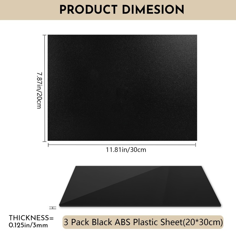 3 Pack Black ABS Plastic Sheet 8” x 12” x