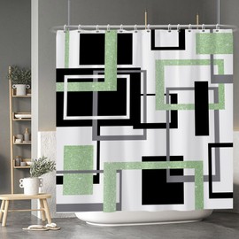 Baocicoo Minimalism Geometric Shower Curtain Sets Black White Green Shower Curtain for Bathroom Geometry Squares Abstract Modern Bath Curtain for Home Family Bathtub Decor with Hooks 72x72 Inches