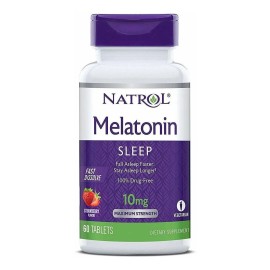 Natrol Melatonina 10 mg – 60 tabletas de disolución rápida sabor fresa, fórmula vegetariana, sin gluten ni OMG, sin necesidad de agua, ideal para rutina nocturna