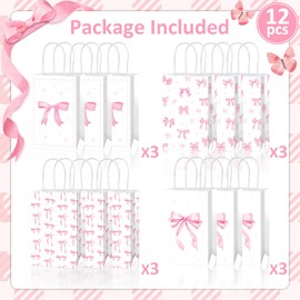 Yiaoyinnz 12Pcs Pink Bow Party Favor Bags Bow themed Goodie Bags Candy Bag for Birthday Party Decoration Coquette Gift Treat Bag with Handles for Bachelorette Engagement Baby Bridal Shower Supplies