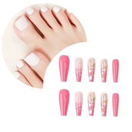 48 Pcs Press On Nail Set, Press On Nails and Toenail Set, Fake Nails with Nail Glue Stick and Adhesive Tabs, Acrylic Fake Nails (Long, Pink Glossy)