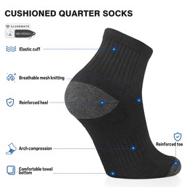 Closemate 7 Pairs Athletic Ankle Socks for Men Women Thick Cushioned Sole Running Quarter Socks(7 Balck, Size M)
