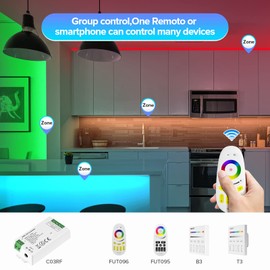 FCOB C03RF LED Controller Support PWM 5050SMD COB RGB (+ R G B) 4pin LED Strip String Bulb Compatible with LM096 WR01RF RC03RF RF Remote DC5V/DC12V/DC24V Max 12A Indoor Use Only
