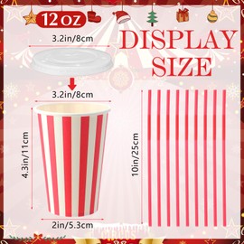 Fullhawl 50 Set Red Stripe Disposable Paper Cups with Lids and Straws for Christmas Carnival Party 12oz Disposable Drinking Striped Paper Cups Holiday Birthday Circus Supplies for Coffee Tea Juice