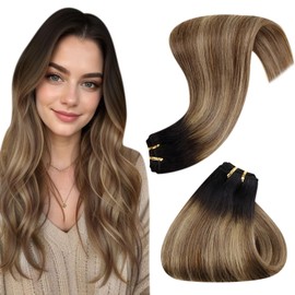 Hetto Weft Hair Extensions Human Hair Ombre Sew in Extensions Human Hair 18 Inch Black to Brown Mix Blonde Balayage Weft Human Hair Extensions Sew in 100g #1B/6/27