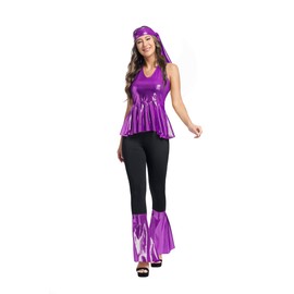 Plus Size 70s Disco Costumes for Women Disco Outfit Women 60s Hippie Costume for Women with Disco Diva Flare Pants Purple-S