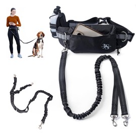 Hands Free Double Dog Leash for Two Dogs Small and Large w/Water Bottle, No Tangle Walking Leash Heavy Duty, No Pull Shock Absorbing Bungee, Reflective Stitches (Small (Fits Waist 24-34), Black)