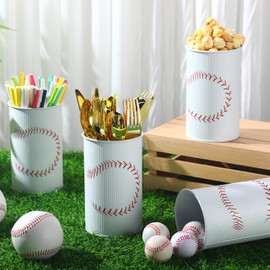 Domensi 6 Pcs Baseball Table Centerpiece Sports Valentine's Day Baseball Vase Decor Galvanized Metal Tin Vases for Artificial Flowers Baseball Utensil Holder for Kitchen Home Party Decorations Gifts