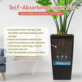 ROCKRAIN 30 in Tall Self-Watering Planter: Large Flower Pot with Drainage Holes & Inner Trays - Durable Faux Rattan & PP Plastic for Indoor Outdoor Garden Patio Porch