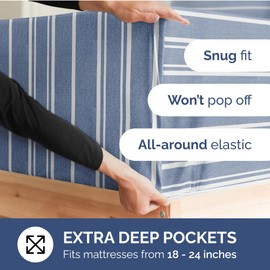 Extra Deep Twin XL Fitted Sheet - Hotel Luxury Single Fitted Sheet Only - Easily Fits 18 inch to 24 inch Mattress - Ultra Soft, Wrinkle Free w/Extra Deep Pockets - Breathable & Comfy - Blue Stripes