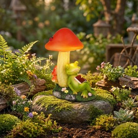 dojune Solar Powered Garden Mushroom Statue with Reading Frog, Outdoor Decorative Light, Hand-Painted Resin, Auto On/Off (Green)