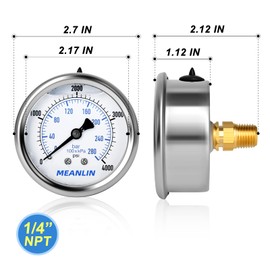 MEANLIN MEASURE 0~4000Psi Stainless Steel 1/4" NPT 2.5" FACE DIAL Liquid Filled Pressure Gauge WOG Water Oil Air Center Back Mount, with 1/4" x 1/2" NPT and 1/4" x 3/8" NPT Hex Bushing