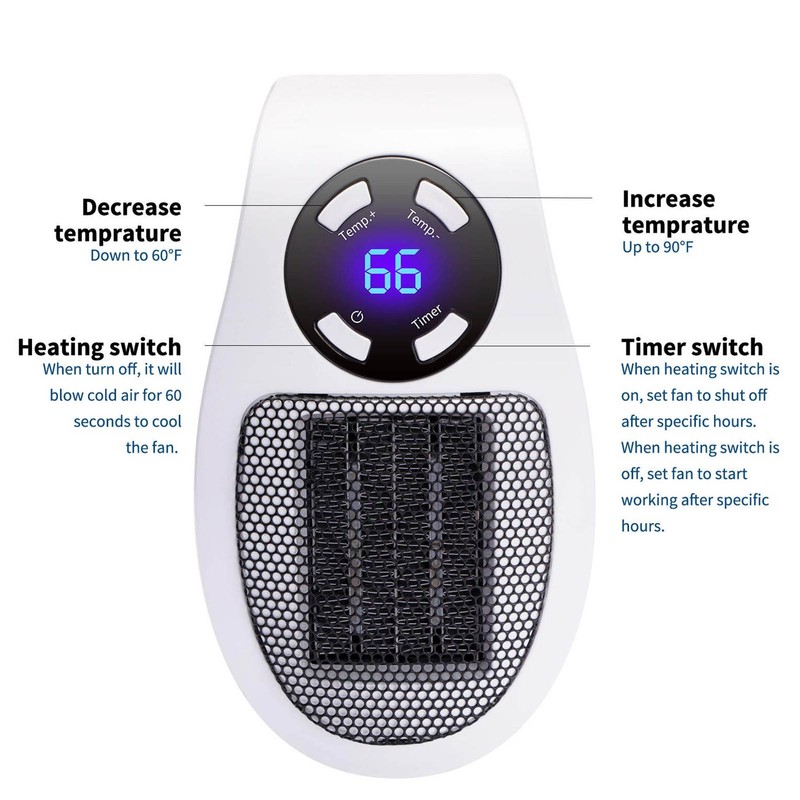 Portable Heater LED Display PTC Wall Outlet Electric Timer for
