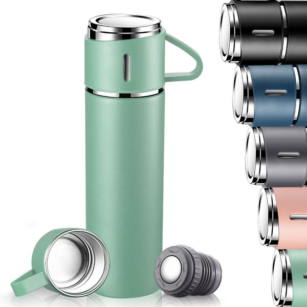 Thermos Flask, Stainless Steel Drinking Bottle, Keeps Hot and Cold for 10 Hours, Insulated Flask 500 ml with Leak-Proof Lid and Handle, Thermos Flask for Travel, Work, School, Children, Baby, Green