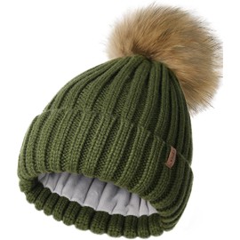 FURTALK Knit Beanie Hats for Women Fleece Lined with Faux Fur Pom Pom Winter Hat for Canada Pine Green