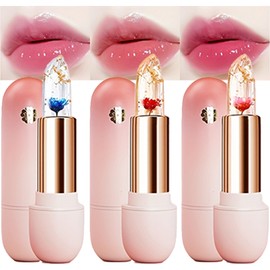 MooGlamor 3 Pcs Flower Lipsticks Clear Jelly Lip Tint Set with Temperature Change Color and Moisturizing Lip Gloss for Women Gift