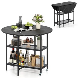 Giantex 40" Folding Dining Table with Lockable Wheels, Storage Shelves, Space-Saving Drop Leaf, Movable & Expandable Round Kitchen Table for Dinette Small Place Apartment Living Room (Black)