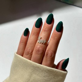 Emerald Green Press on Nails Short Oval Round Nails Glue on, SXVME Fall Winter Short Fake Nails Press ons, Acrylic False Nails Handmade of Gel, Christmas Almond Nails for Big & Petite Fingers, 24Pcs