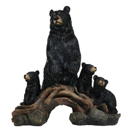 Ebros Large Realistic Rustic Forest Protective Mother Black Bear with 3 Cubs Standing On Wooden Log Bridge Statue 17.25" High Family Bears Western Cabin Lodge Decor Figurine As Garden Patio and Home