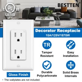 BESTTEN 15 Amp Decor Outlet, Decorator Electrical Wall Receptacle, Tamper Resistant, 15A/125V/1875W, Residential and Commercial Use, UL Listed, 40 Pack, White