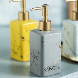 Gold Soap Dispenser for Bathroom Countertop, Square Gray Dish Soap Dispenser Pump Bottle with Golden Stripes for Kitchen Sink Laundry Shower Lotion, Ceramic Hand Soap Dispenser Pump for Soap Liquid