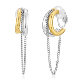 Two Tone Clip on Earrings for Women Tassel Chain Hoop Silver and Gold Plated Dangling Chain Earrings Mixed Metal Jewelry Gifts