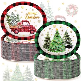 FULJOOY 50Pcs Foil Extra Large Christmas Oval Paper Plates 10.8" x 12.7" Buffalo Plaid Truck Design Disposable Merry Xmas Serving Dishes for Holiday Dinner Parties Festive Gatherings Celebrations