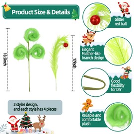 8 Pcs Christmas Tree Topper, 17 Inch Lime Green Christmas Tree Ornament, Green Furry Christmas Picks with Red Ball for Xmas Tree Wreath Home Craft Decors (Funny)