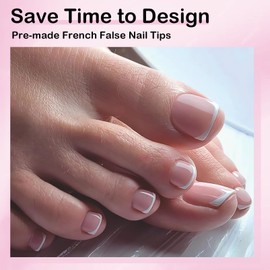 DMQ French Press on Toenails Short Set, 240Pcs Square False Toenails, French Tip Nude Pink Color Fake Toe Nails, Full Cover Stick on Nails with Glue for Women Girls Nail Art Manicure