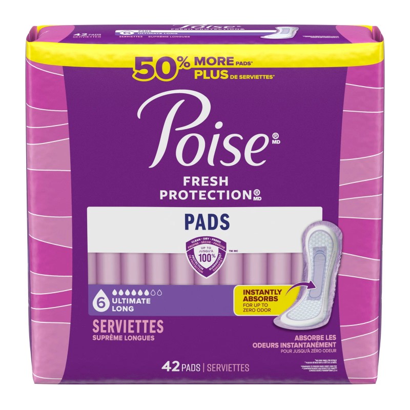 Poise Incontinence Pads for Women, 6 Drop Ultimate Absorbency, Long