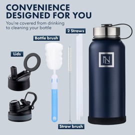32 oz water bottle with magnectic phone holder lid, hydratrion flask, wide mouth stainless steel water bottle with 3 lids straw & spout lid, double walled insulated thermos (navy)