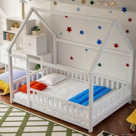 PVWIIK Full Size Montessori Floor Bed Frame with Roof & Fence Design for Boys/Girls Bedroom,Full Floor Wooden Bed for Living Room,No Box Spring Needed, White
