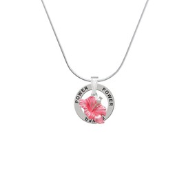 Delight Jewelry Silvertone Hot Pink Hibiscus Flower - Power Ring Charm Necklace, 18"