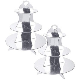 FAIRYRAIN 2 Pcs Of 3-Tier Cardboard Cupcake Food Dessert Stand Holder Tower (12" W x 13.5" H) for Birthday Wedding Special Event Decoration Baby Shower Party (Sliver)