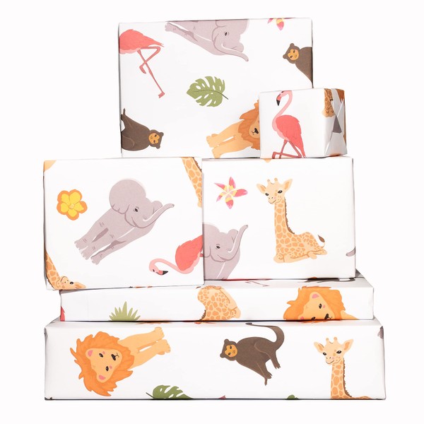 Central 23-6 Wrapping Paper Sheets - Jungle Animals - for Boys and Girls New Baby - 1st 2nd 3rd Birthday - Cute GiftWrap - Recyclable