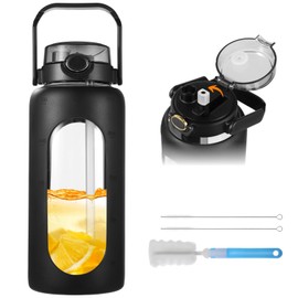 Homaisson 64 Oz Glass Water Bottle, Water Jug with Straw & Handle, Wide Mouth Glass Tumbler with Silicone Sleeve, Water Drinking Bottle with Capacity Markers, Includes Cleaning Brushes