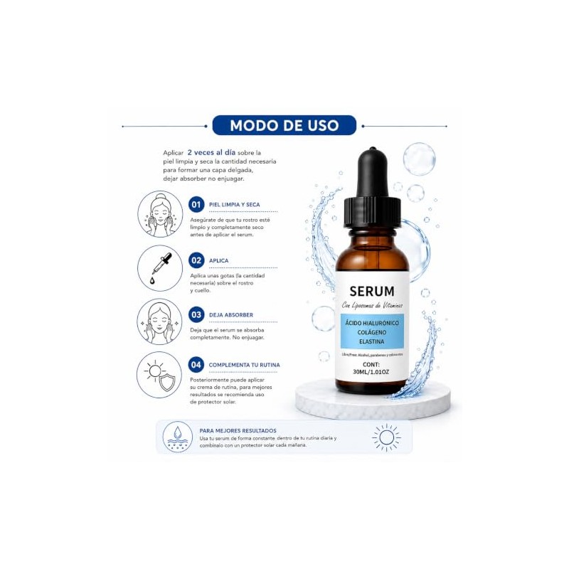 Sérum Ácido Hialuronico, Colágeno y Elastina 30 ml, Con Liposomas