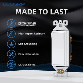 ELEGRP Glossy White Single Pole Decorator Light Switch, 15Amp, 120-277V, Decorative Paddle Rocker Switch Replacement, On/Off Wall Switch, Self-Grounding, Residential/Commercial Grade, 20 Pack, UL/CUL,