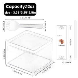 Plastic Square Dessert Cups Boxes with Lids and Sporks,packaging for baked,Cookie Tiramisu Containers for Fruit,Pudding,Mousse,Parfait Cups With Lids(20, 12oz 3.3 * 3.3 * 2.5in boxes+Sporks+Stickers)